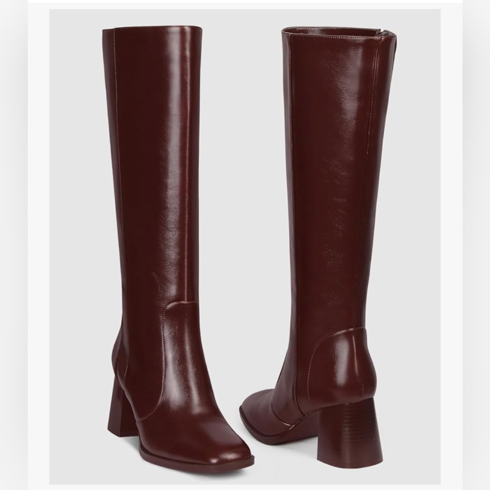 Burgundy Knee-High Vegan Leather Boots, Never Worn